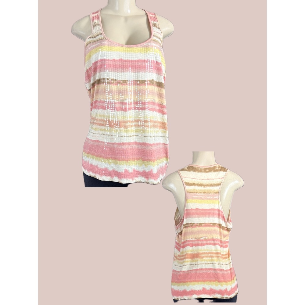 Apt 9 L Coral Pink Yellow Tan Striped Sequin Front Racerback Tank Top Scoop Neck